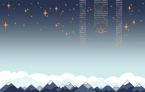 Background with Copyspace of Digital Data Flows over Mountains in Flat Vector Stock Illustration