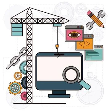Background with crane and desk computer for development of the construction Stock Illustration