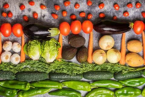 Background created with vegetables and some fruit, mostly green and red col.. Stock Photos