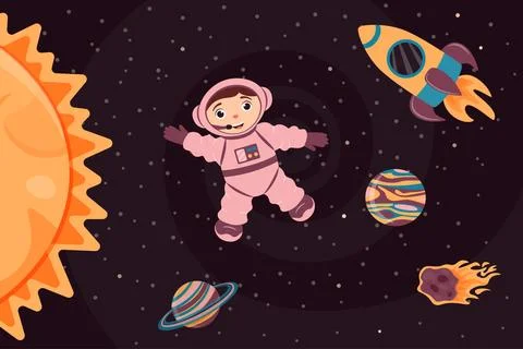 Background with cute astronaut, rocket, planet and meteorite in cartoon style Stock Illustration