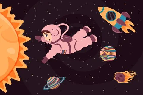 Background with cute astronaut, rocket, planet and meteorite in cartoon style Stock Illustration