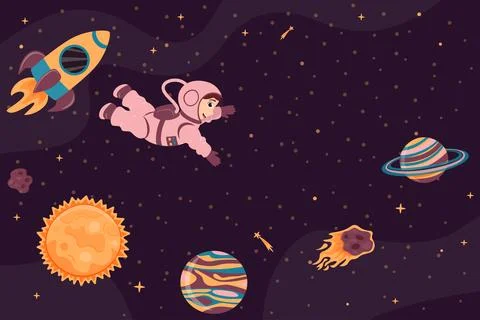 Background with cute astronaut, rocket, planet and meteorite in cartoon style Illustrazione stock