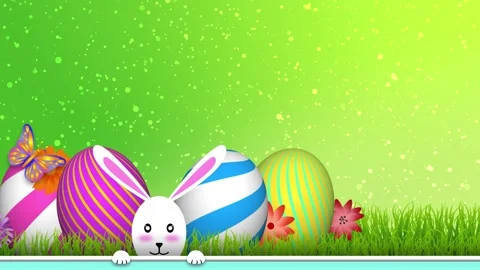 Background of cute bunny, beautiful eggs, colourful flowers and butterfly. Stock Footage 268469832