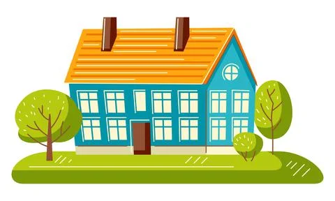 Background with cute house and trees. Country cottage illustration. Stock Illustration