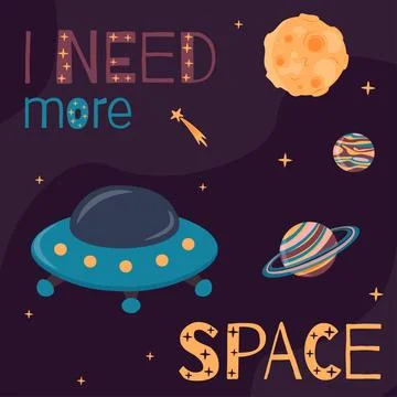 Background with cute spaceship, planets and moon in cartoon style. Stock Illustration