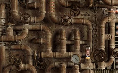 Background dark wall loft steampunk lamp from pipes Illustrazione stock