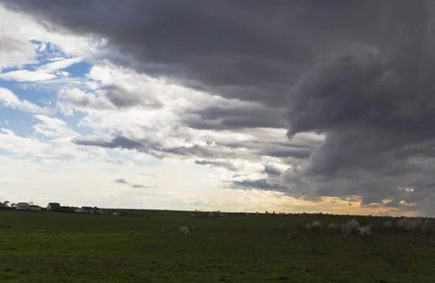 Background of dark white clouds before a thunderstorm and rain, over green tr Stock Photos