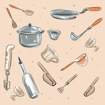 Background for decor with kitchen utensils cute sketch on beige background Illustrazione stock