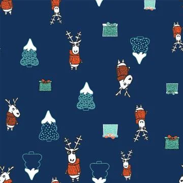 Background with deer in a sweater, present and christmas tree Illustrazione stock