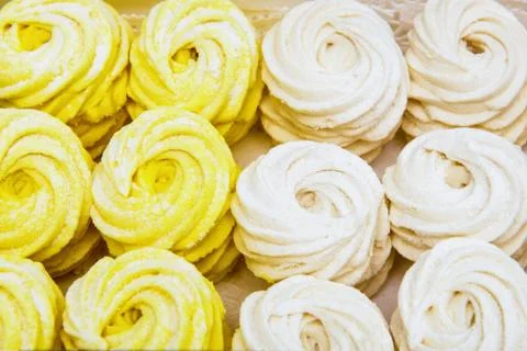 Background of delicious marshmallows white and yellow colors Stock Photos
