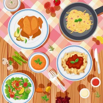 Background design with different types of food on table Stock Illustration