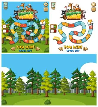 Background design for game with animals and forest background Illustrazione stock