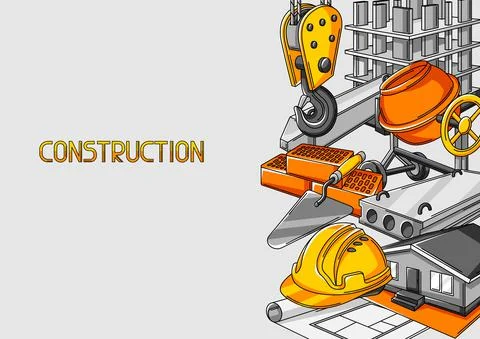 Background design with housing construction items. Industrial repair or building Illustrazione stock