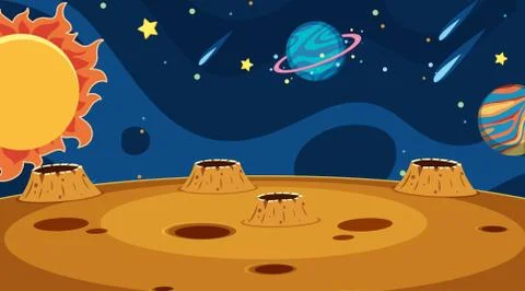 Background design of landscape with planets in space Stock Illustration