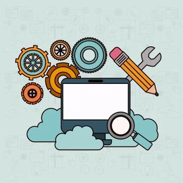 Background with desktop computer and search tools cloud service Stock Illustration