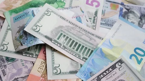 Background from different banknotes of dollars, belarusian rubles and euros. Stock Footage 225484588