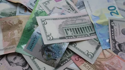 Background from different banknotes of dollars, euros, rubles, Belarusian rubles Stock Footage 229781842