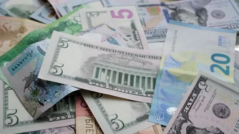 Background from different banknotes of dollars, euros, rubles and other currency Stock Footage 230905858