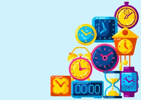 Background with different clocks. Stylized icons for design and applications. Illustrazione stock