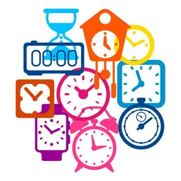 Background with different clocks. Stylized icons for design and applications. Illustrazione stock