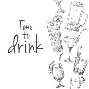 Background with different cocktails. Caption: time to drink. Stock Illustration