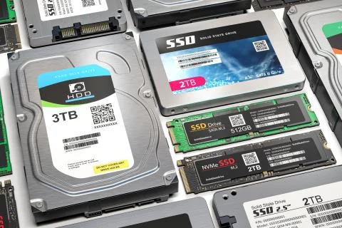 Background from different data storage devices. Hdd, ssd and ssd m2 iin a row Illustrazione stock