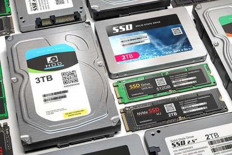 Background from different data storage devices. Hdd, ssd and ssd m2 iin a ... 스톡 사진