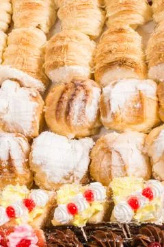 Background of different desserts with cream Stock Photos