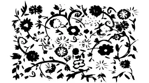 Background with different flowers drawn with black paint, abstract pattern Stock Illustration
