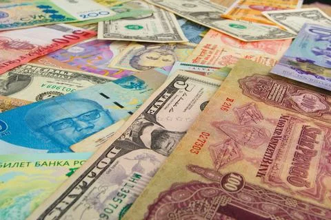 Background from different money banknotes from all over the world Stock Photos