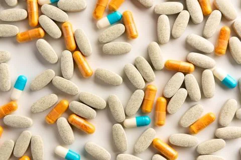 Background of different pills. Flat lay. Foto stock