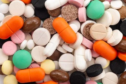 Background of different tablets in packaging close-up. Medicines. Health Stock-Fotos