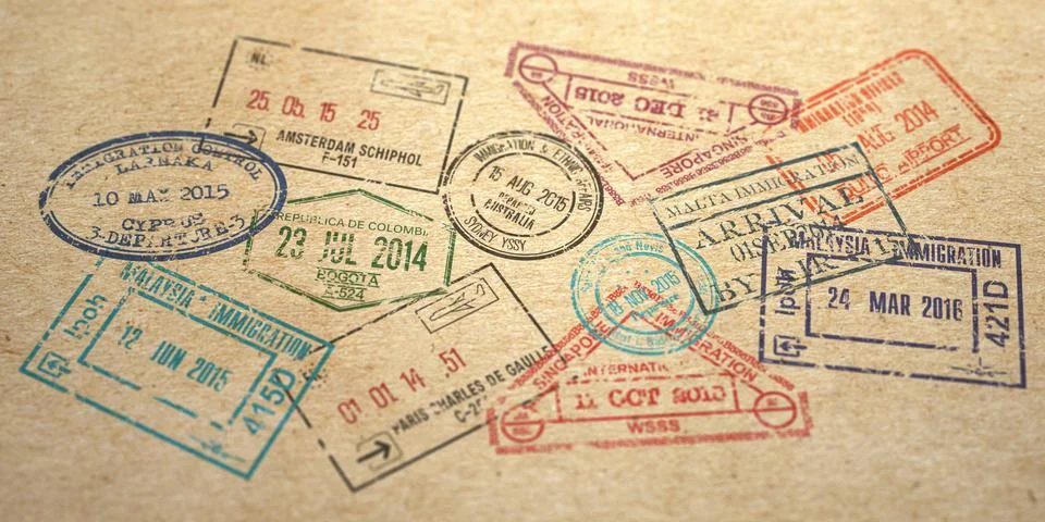 Background from different visa stamps on craft paper, Illustration