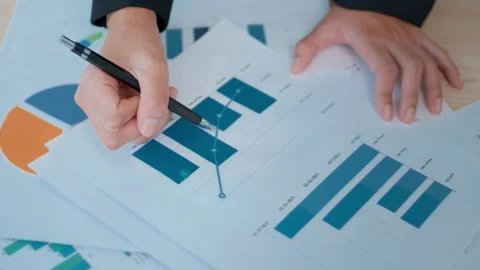 Background of documents with analytics data lying on table Vídeo Stock 205501181
