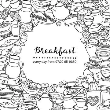 Background with doodle breakfast items. Stock Illustration