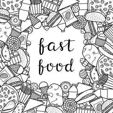 Background with doodle fast food items. Stock Illustration