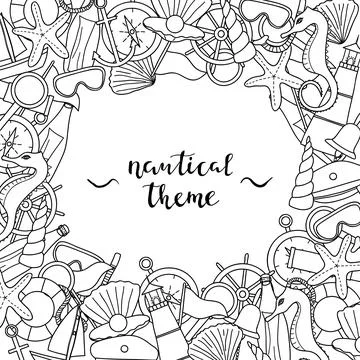 Background with doodle nautical items. Illustrazione stock