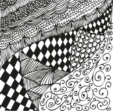 Background with doodling hand drawn patterns. Curls, waves, chessboard Stock Illustration