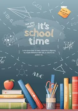 Background with drawings drawn in chalk on a school blackboard. Back to sch.. 库存插图