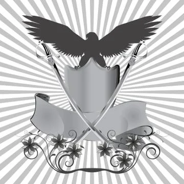 Background eagle on shield with swords and flowers Stock Illustration