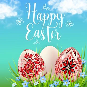 Background with Easter eggs and blue flowers Stock Illustration