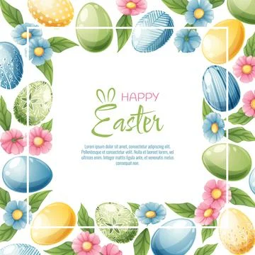 Background with Easter eggs and flowers. Postcard, banner for Easter. Spring  Stock Illustration