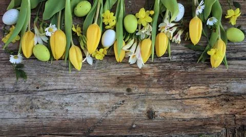Background easter. A yellow tulips and easter eggs on a wooden rustic backg.. Stock Photos