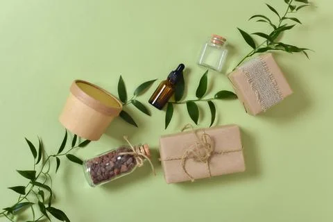 Background of eco-packaging. Flat layout, top view, place to copy. Stock Photos