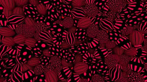 Background of eggs with trendy patterns in red and black colors, 3d illustration 스톡 일러스트