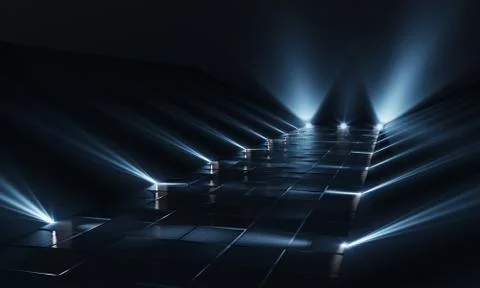 Background of empty dark podium with lights and tile floor. 3d rendering Illustrazione stock