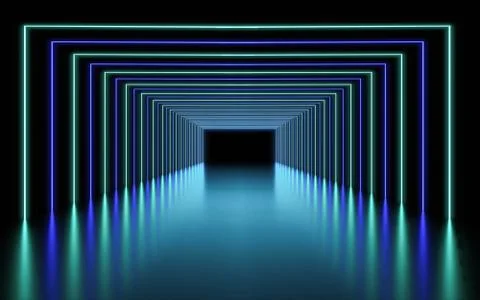 Background of an empty dark room. Empty walls, neon light, smoke, glow 3d render Illustrazione stock