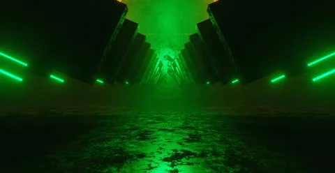 Background of empty room, concrete floor and walls green smoke 3D Render Иллюстрация