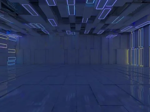 Background of an empty room with walls and neon light. Neon rays and glow. 3D 库存插图