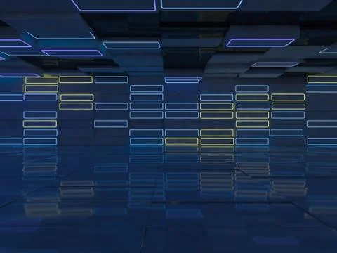 Background of an empty room with walls and neon light. Neon rays and glow. 3D Stock Illustration
